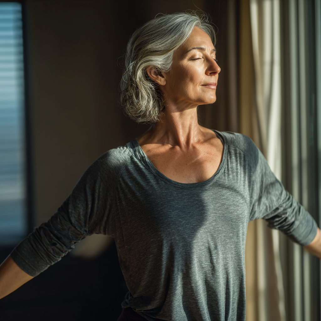 Middle-aged adult practicing gentle movement exercises in natural lighting